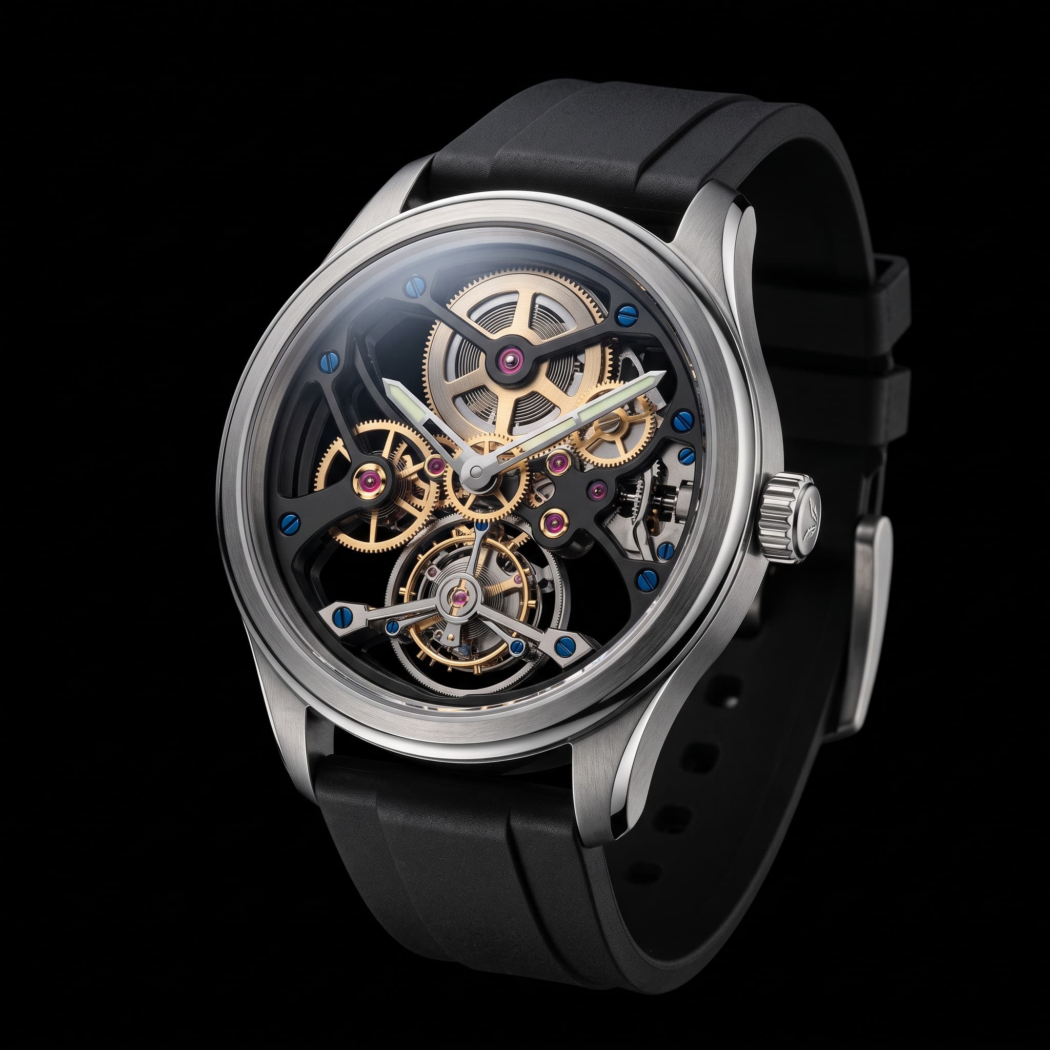 Caelum Aphelion skeleton watch with a flying tourbillon, floating in darkness