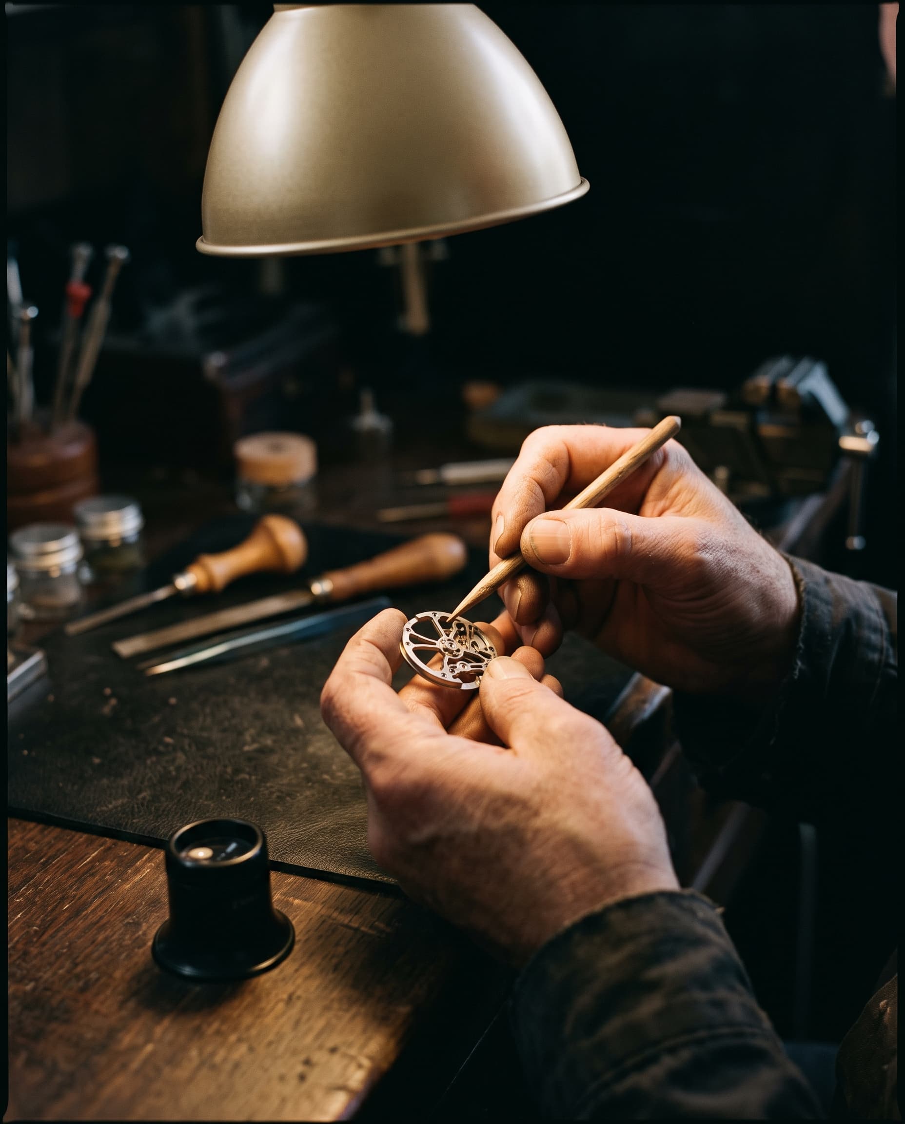 A watchmaker hand-polishing the bevelled edge of a titanium bridge with a wooden peg
