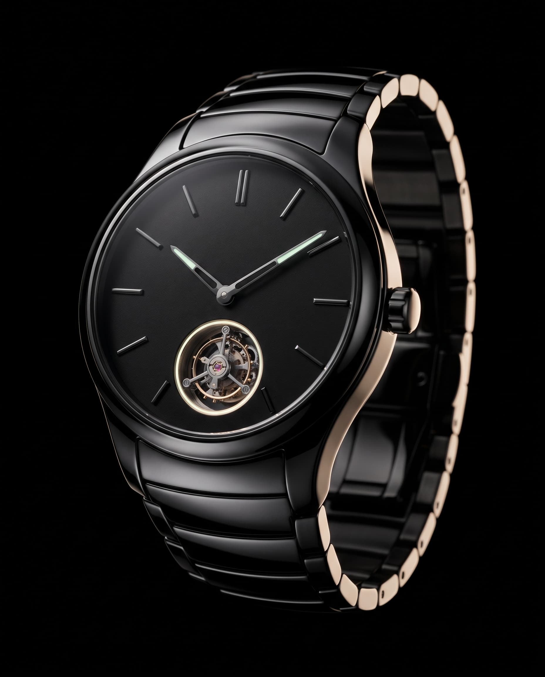 Caelum Monolith tourbillon watch in polished black ceramic with an integrated bracelet