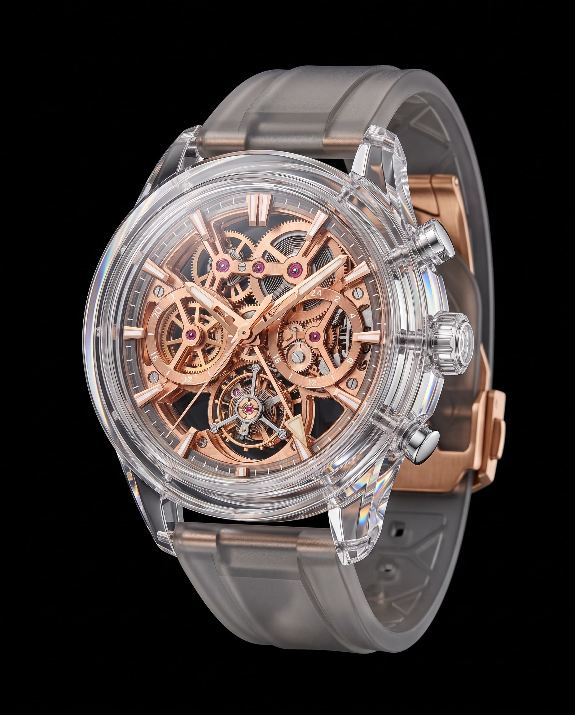 Caelum Perigee GMT watch with a transparent sapphire case and rose gold movement