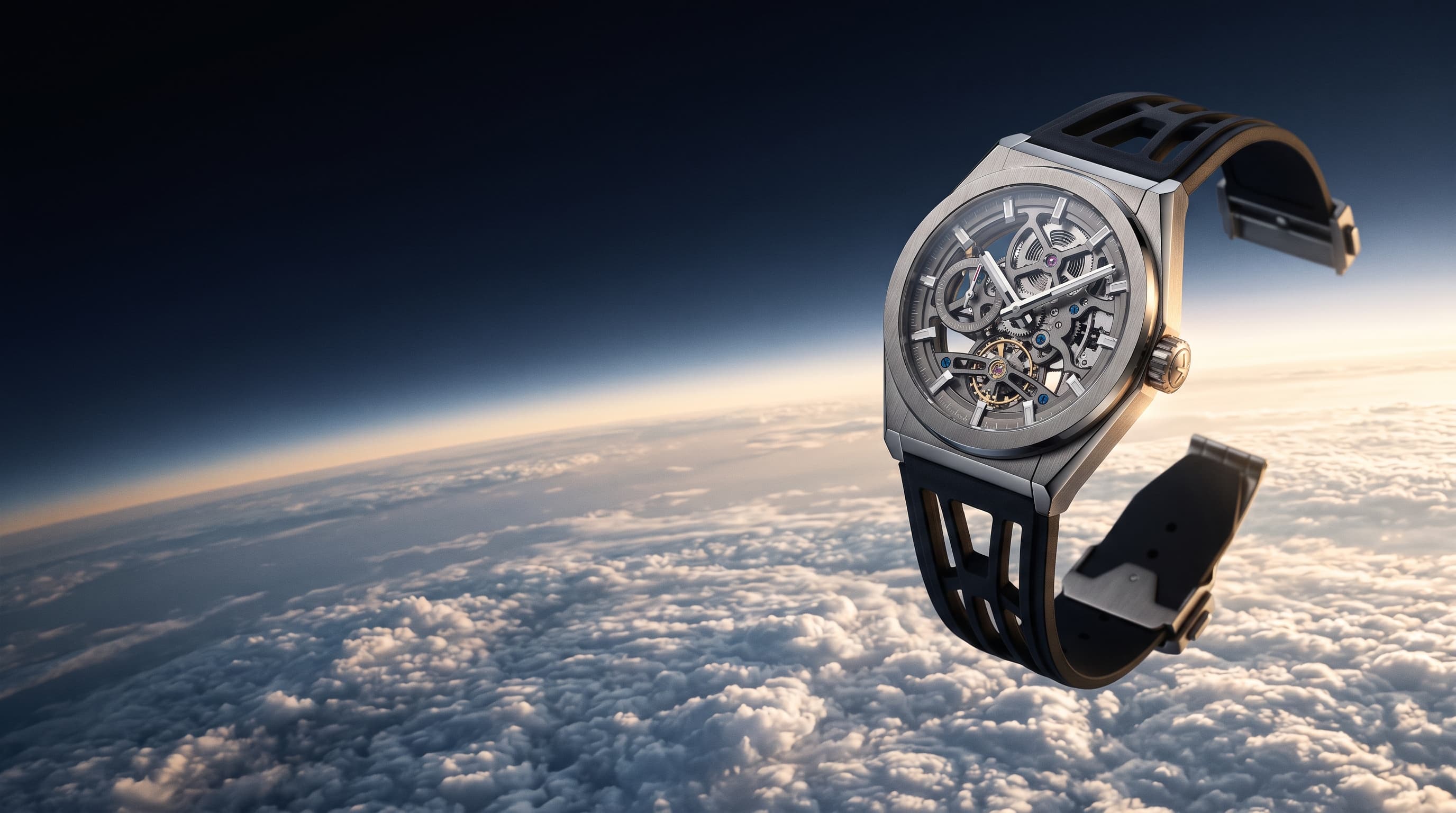 An Aphelion watch in flight above a sea of clouds at dawn, the curve of the earth on the horizon